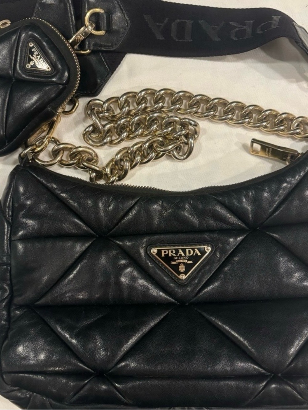Prada Black Quilted Leather Shoulder Bag with Gold Chain
